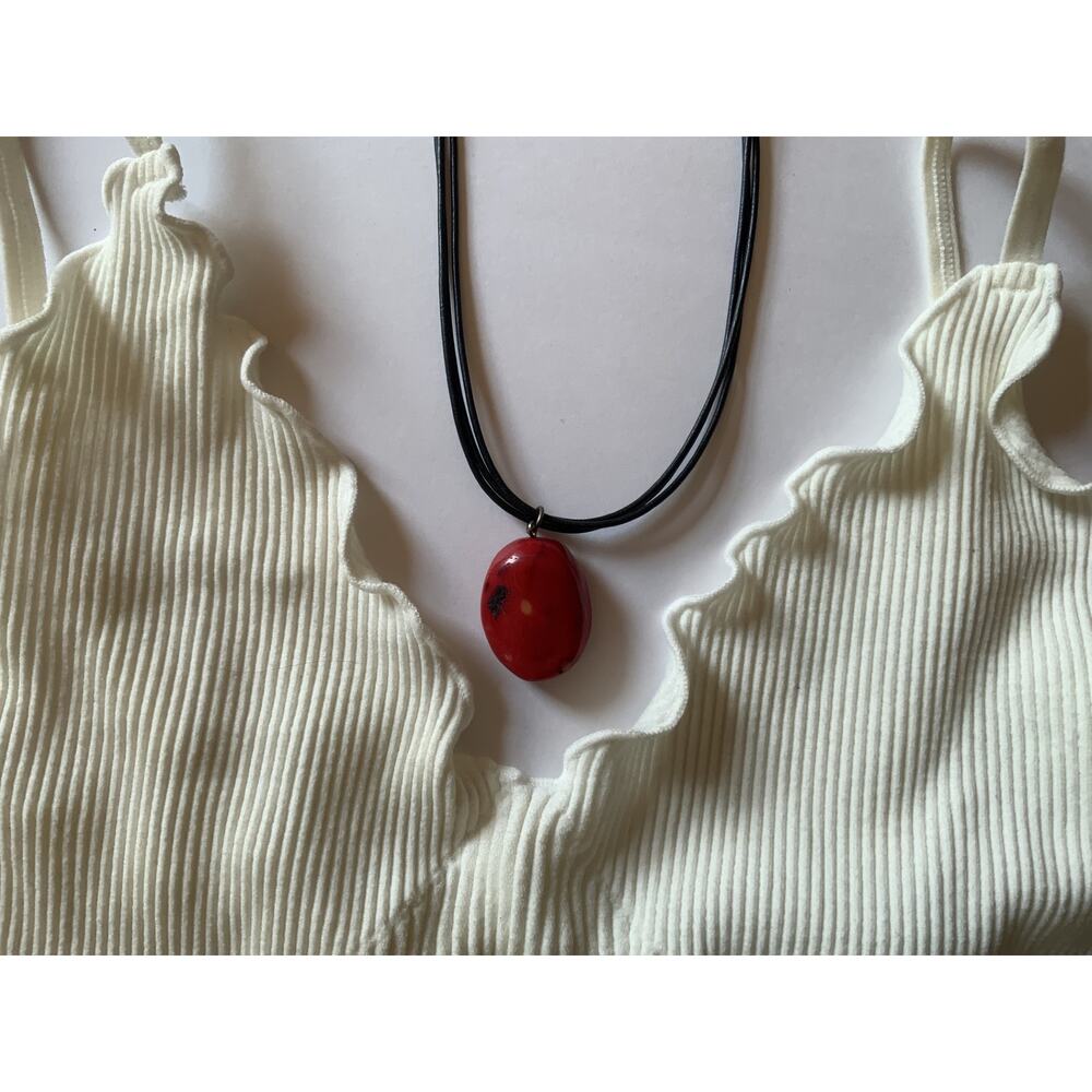 Red Natural Stone Pendant Necklace Black Cord from Santorini Greece